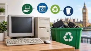Old computer and electronics beside a recycling bin with a London skyline in the background, illustrating responsible computer disposal in the UK.