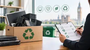 E-waste disposal UK with old laptops, computers and cables prepared for responsible recycling in a business office.